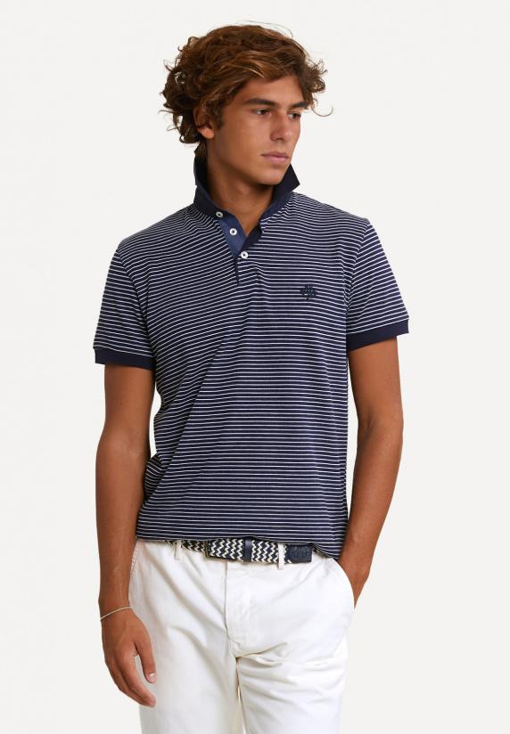 river woods Custom fit katoenen gestreepte polo korte mouwen navy