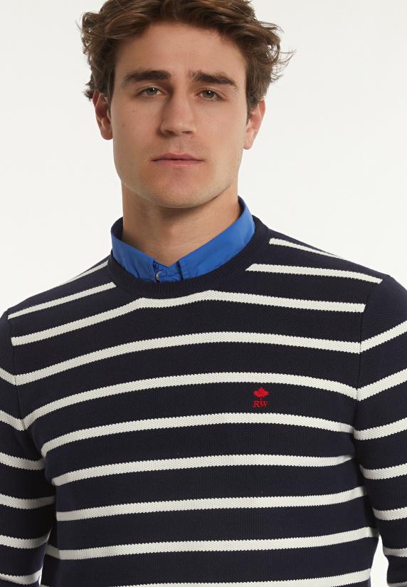 River Woods Custom Fit Katoenen Gestreepte Trui Navy/wit