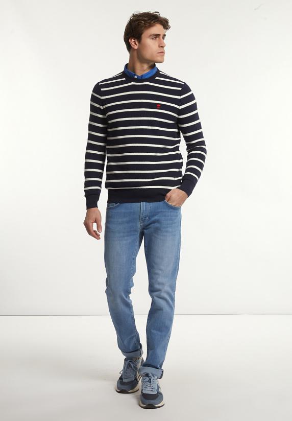 River Woods Custom Fit Katoenen Gestreepte Trui Navy/wit