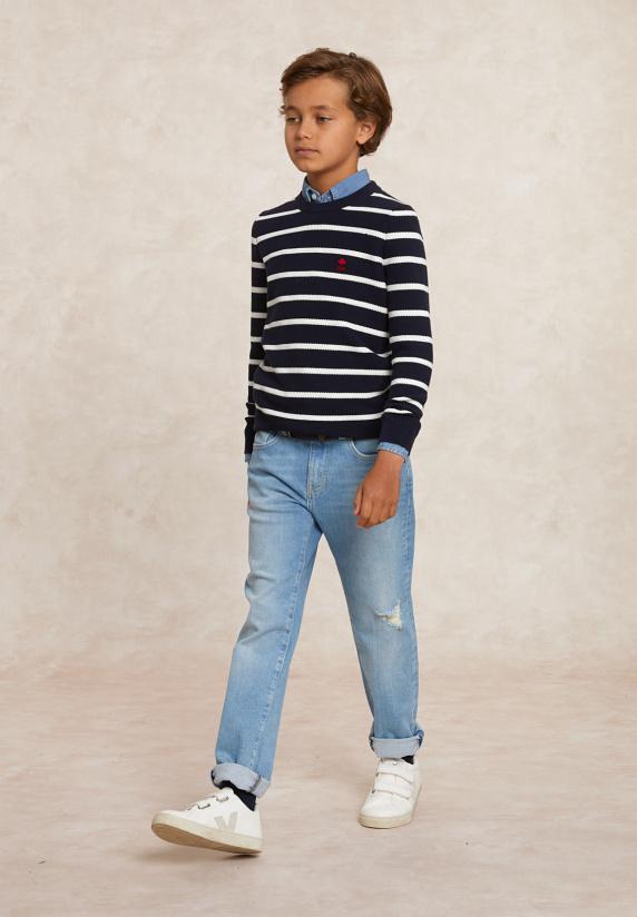 River Woods Custom Fit Katoenen Gestreepte Trui Navy/wit