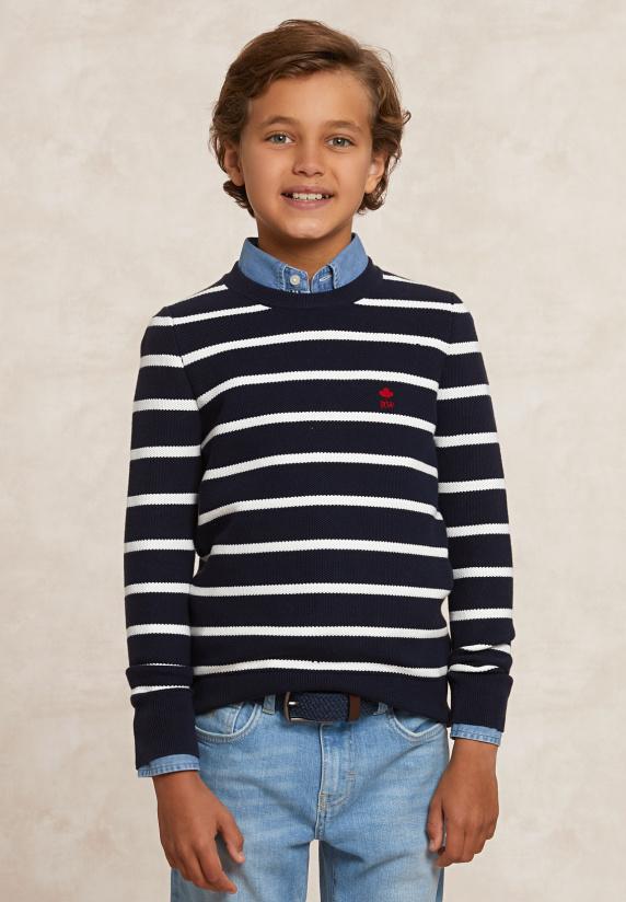 river woods Custom fit katoenen gestreepte trui navy/wit