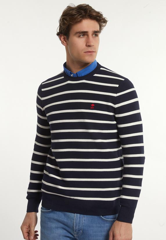 river woods Custom fit katoenen gestreepte trui navy/wit