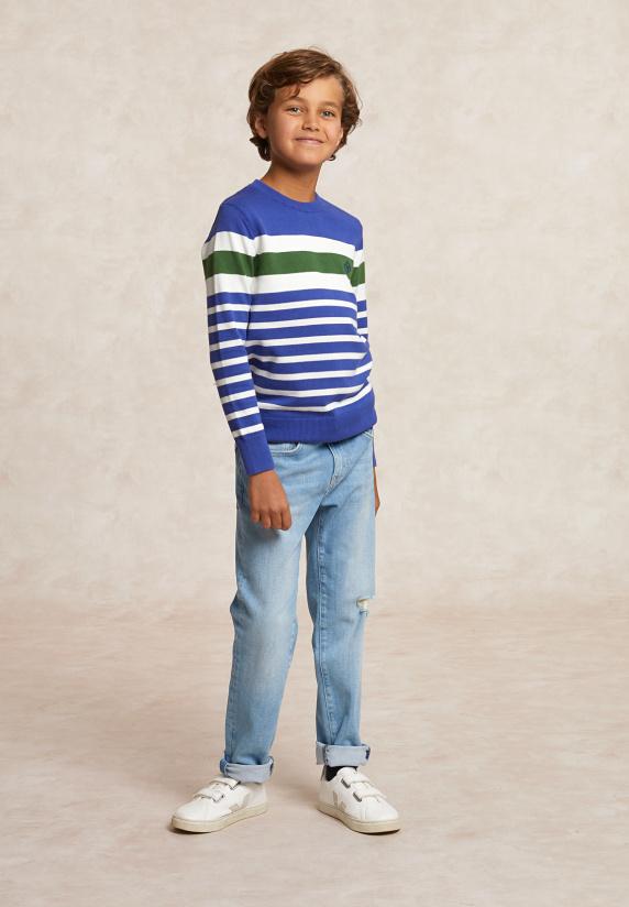 River Woods Custom Fit Katoenen Gestreepte Trui Reef Blue