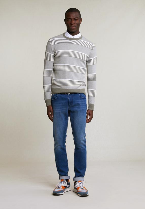 River Woods Custom Fit Katoenen Gestreepte Trui Ronde Hals Lt Safari Mix