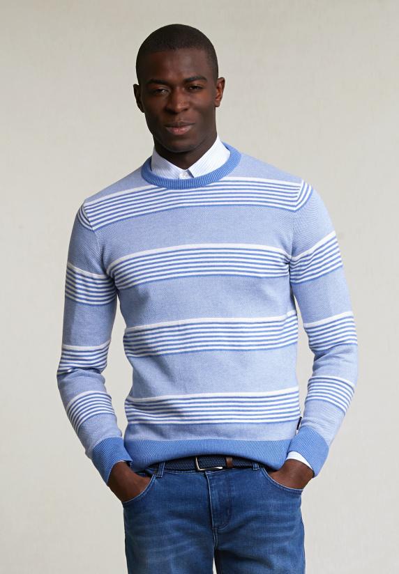 River Woods Custom Fit Katoenen Gestreepte Trui Ronde Hals Lt Hamptons Mix
