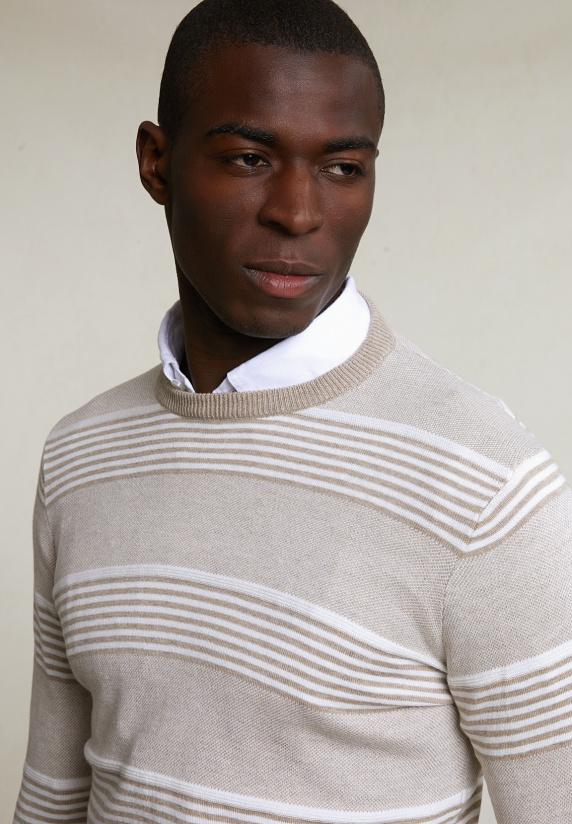 River Woods Custom Fit Katoenen Gestreepte Trui Ronde Hals Old Wood Mix