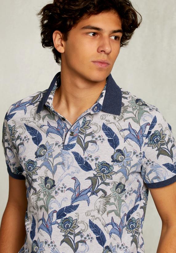 River Woods Custom Fit Katoenen Polo Bloemenprint Dark Oyster Mix