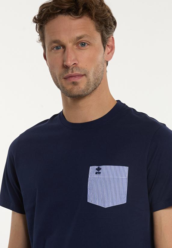 River Woods Custom Fit Katoenen T-shirt Gestreepte Borstzak Midnight Blue