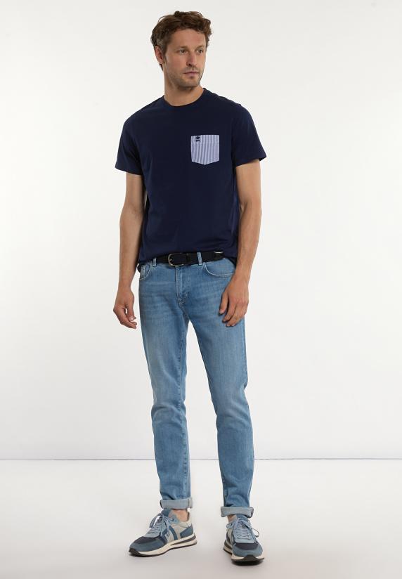 River Woods Custom Fit Katoenen T-shirt Gestreepte Borstzak Midnight Blue