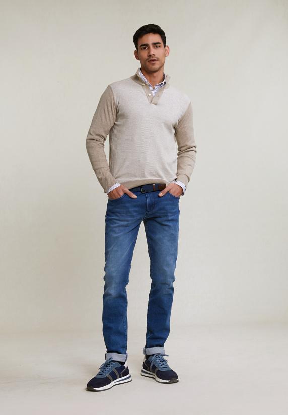 River Woods Custom Fit Katoenen Trui Opstaande Kraag Old Wood Mix