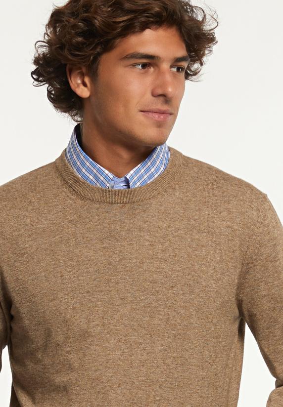 River Woods Custom Fit Katoenen Trui Ronde Hals Camel Mix