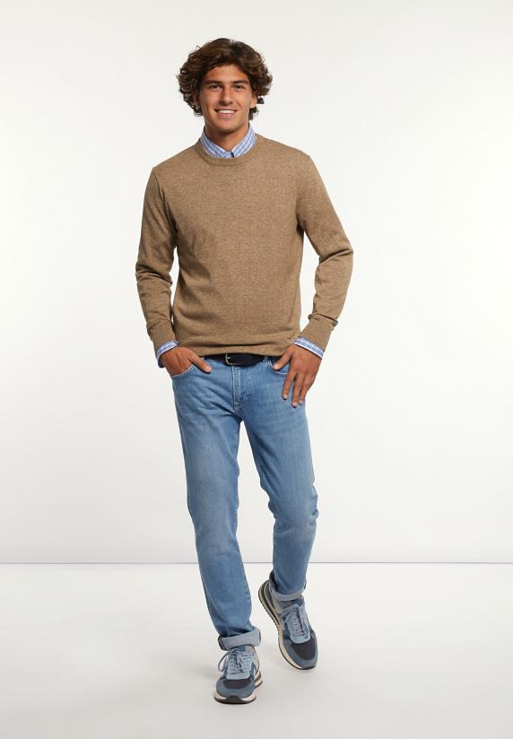 River Woods Custom Fit Katoenen Trui Ronde Hals Camel Mix