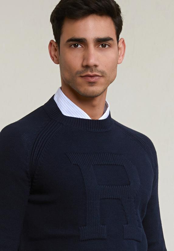 River Woods Custom Fit Katoenen Trui Ronde Hals Dark Navy