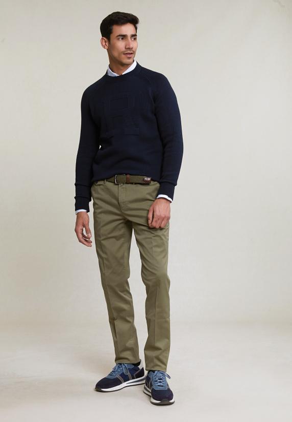 River Woods Custom Fit Katoenen Trui Ronde Hals Dark Navy