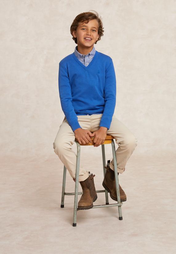 River Woods Custom Fit Katoenen V-hals Trui Evening Blue