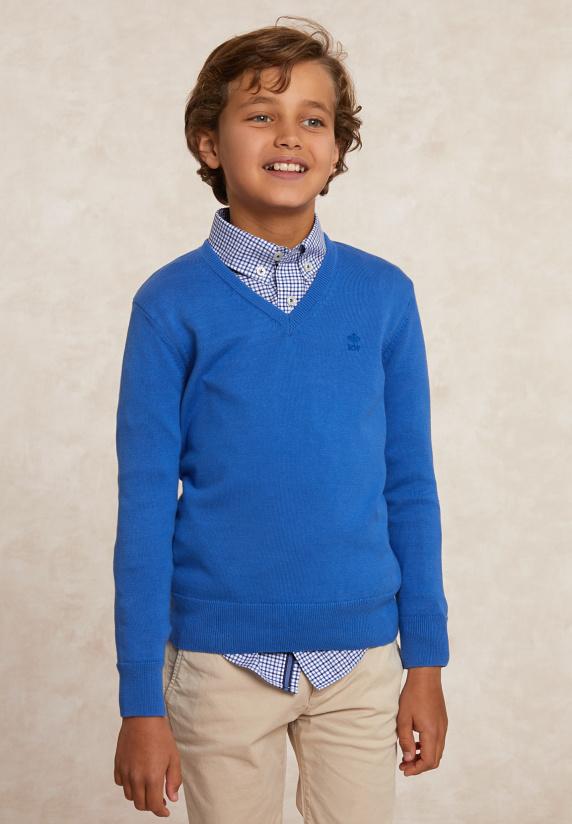 river woods Custom fit katoenen V-hals trui evening blue