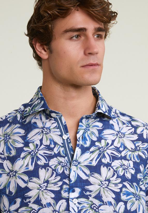 River Woods Custom Fit Linnen Gebloemd Hemd Blauw/groen