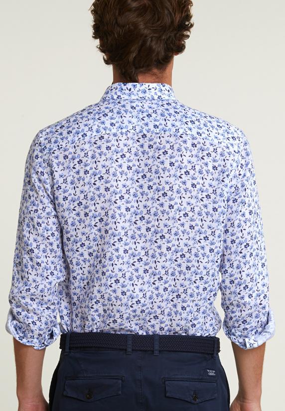 River Woods Custom Fit Linnen Gebloemd Hemd Blauw/wit