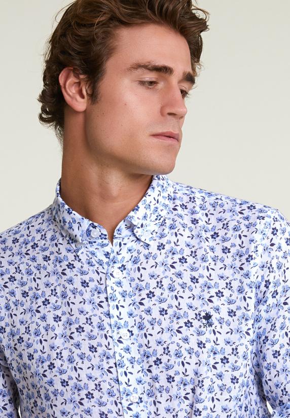 River Woods Custom Fit Linnen Gebloemd Hemd Blauw/wit
