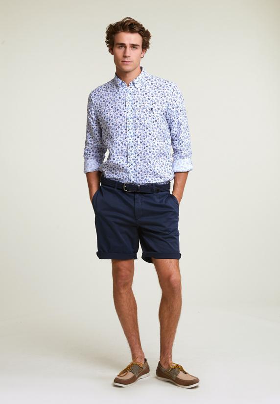 River Woods Custom Fit Linnen Gebloemd Hemd Blauw/wit