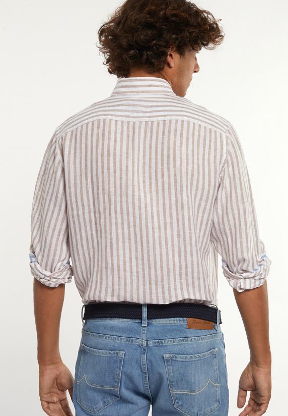 River Woods Custom Fit Linnen Gestreept Hemd Beige/wit