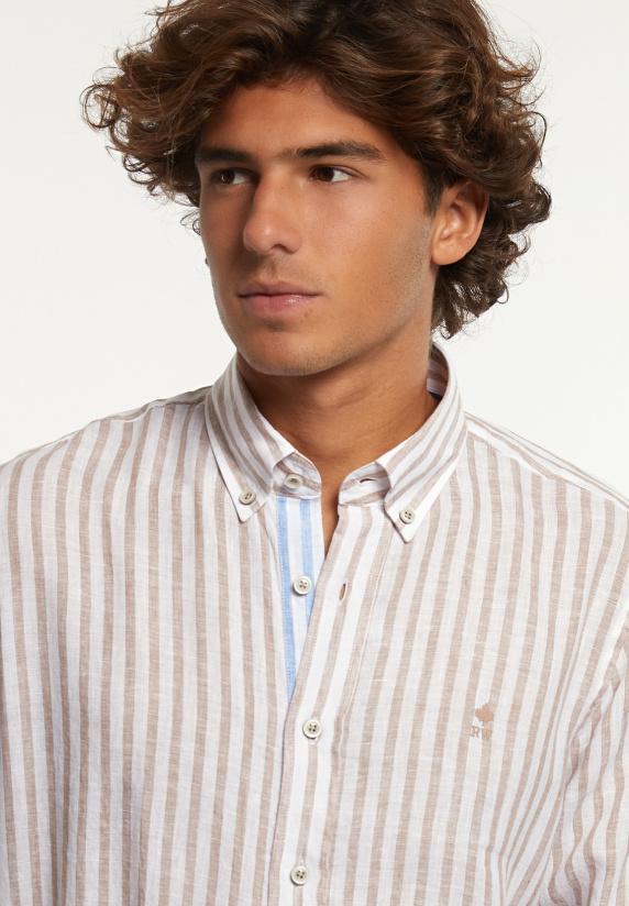 River Woods Custom Fit Linnen Gestreept Hemd Beige/wit