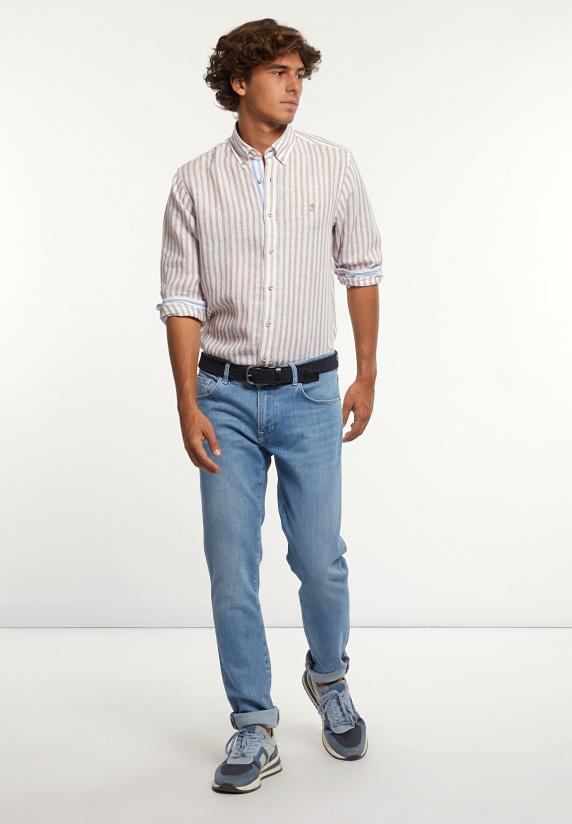 River Woods Custom Fit Linnen Gestreept Hemd Beige/wit