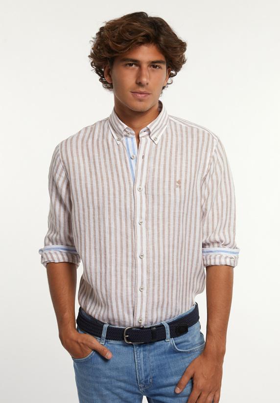 river woods Custom fit linnen gestreept hemd beige/wit