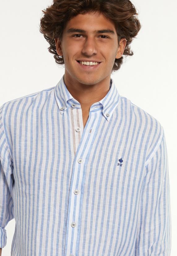 River Woods Custom Fit Linnen Gestreept Hemd Blauw/wit