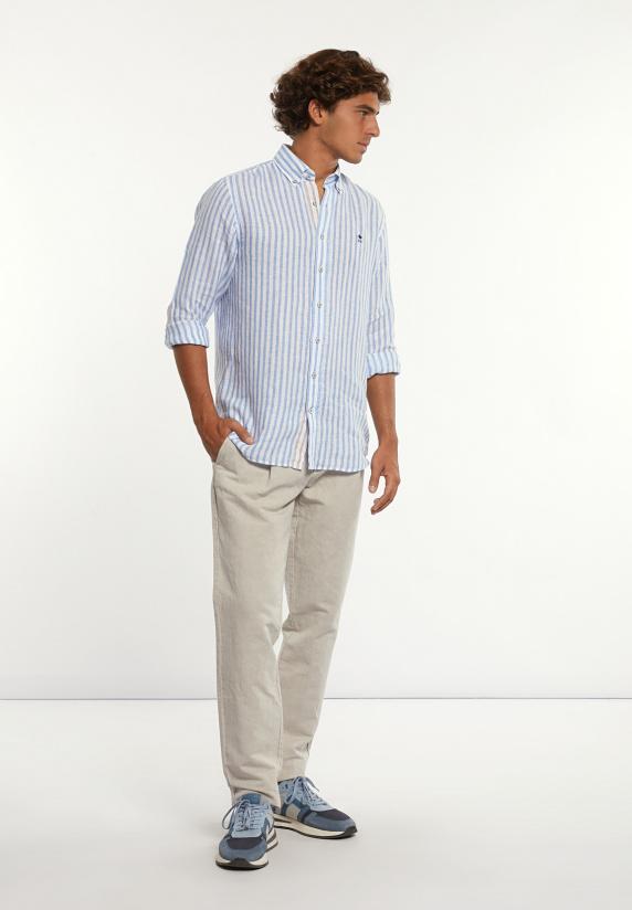 River Woods Custom Fit Linnen Gestreept Hemd Blauw/wit