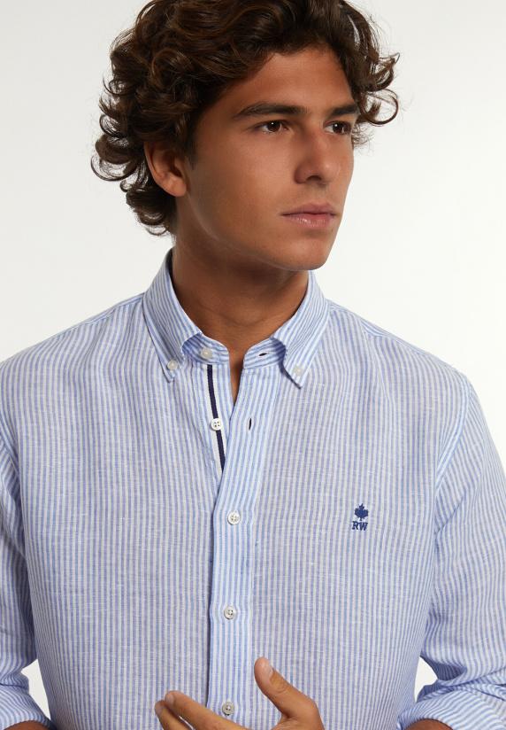 River Woods Custom Fit Linnen Gestreept Hemd Blauw/wit