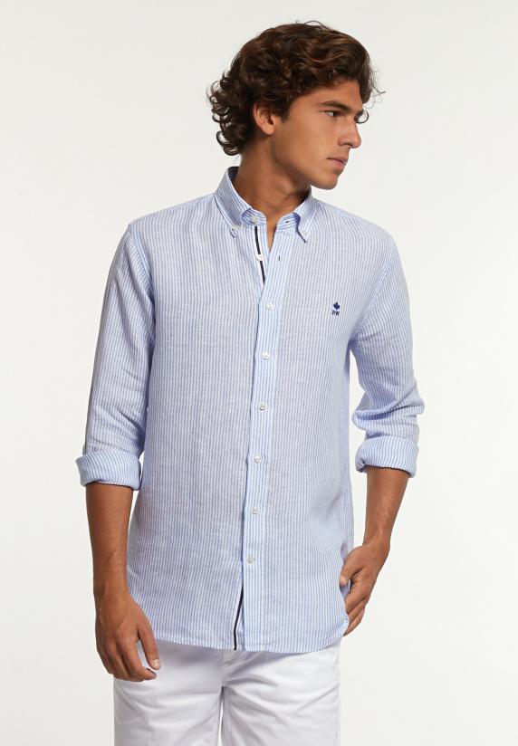 river woods Custom fit linnen gestreept hemd blauw/wit