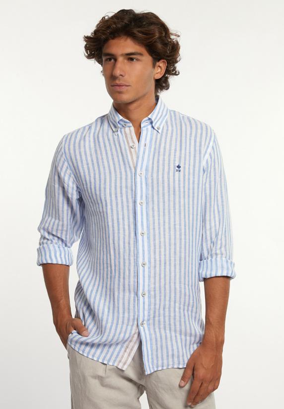 river woods Custom fit linnen gestreept hemd blauw/wit