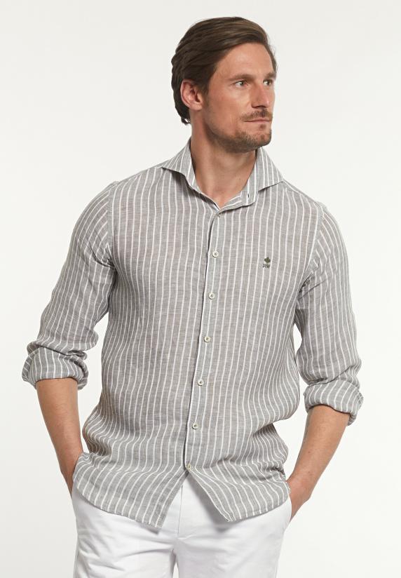 river woods Custom fit linnen gestreept hemd bruin/wit