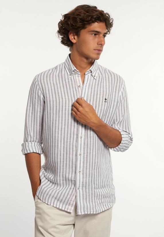 river woods Custom fit linnen gestreept hemd bruin/wit