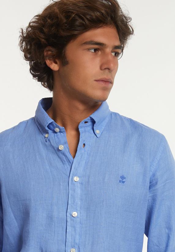 River Woods Custom Fit Linnen Hemd Lt Caribbean Blue