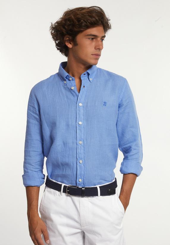 river woods Custom fit linnen hemd lt caribbean blue