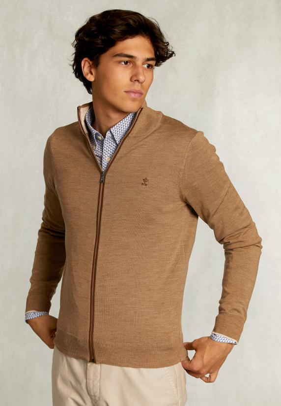 river woods Custom fit merino cardigan met rits pyramid mix