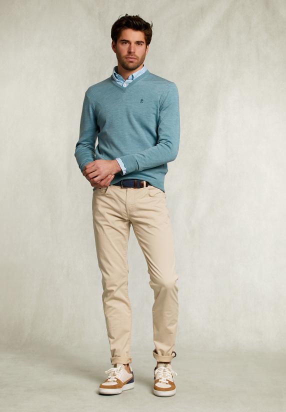 River Woods Custom Fit Merino V-hals Trui Dark Sisal Mix