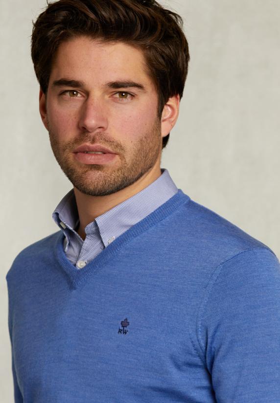 River Woods Custom Fit Merino V-hals Trui Deep Blue Mix
