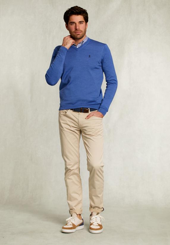 River Woods Custom Fit Merino V-hals Trui Deep Blue Mix