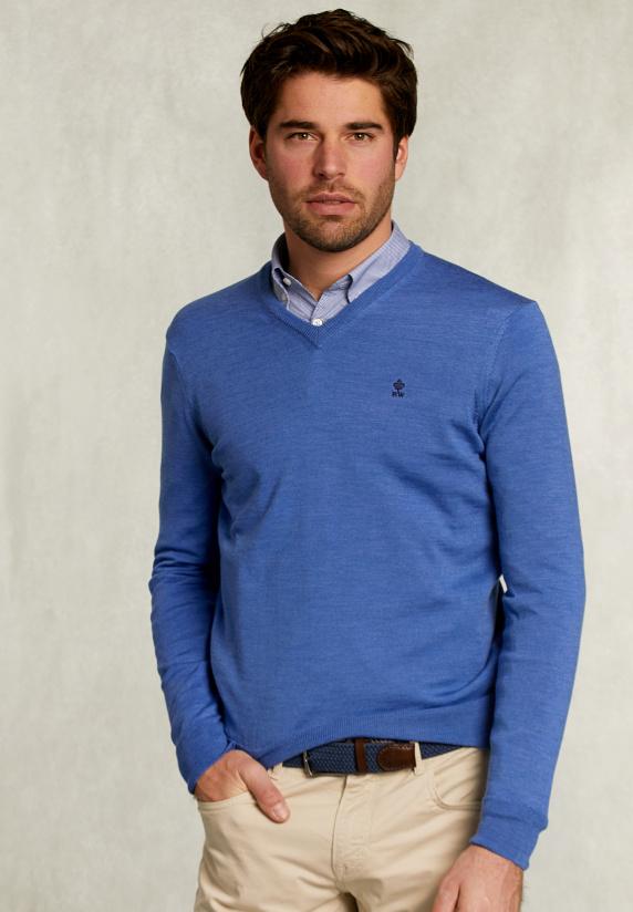 river woods Custom fit merino V-hals trui deep blue mix