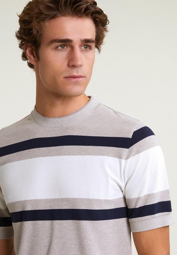 River Woods Custom Fit Sportieve Gestreepte T-shirt Old Wood Mix