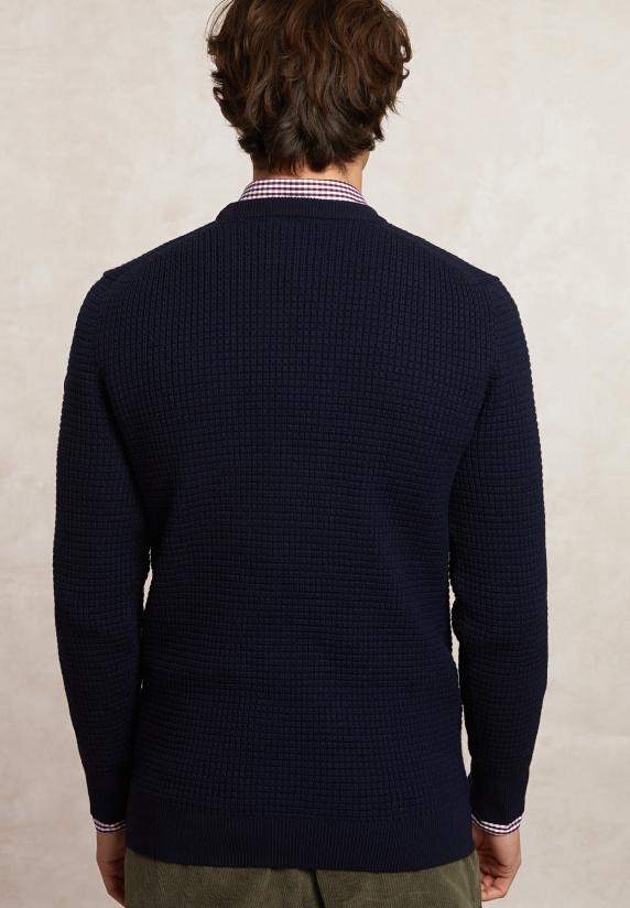 River Woods Custom Fit Wafelgebreide Merinotrui Ronde Hals Navy