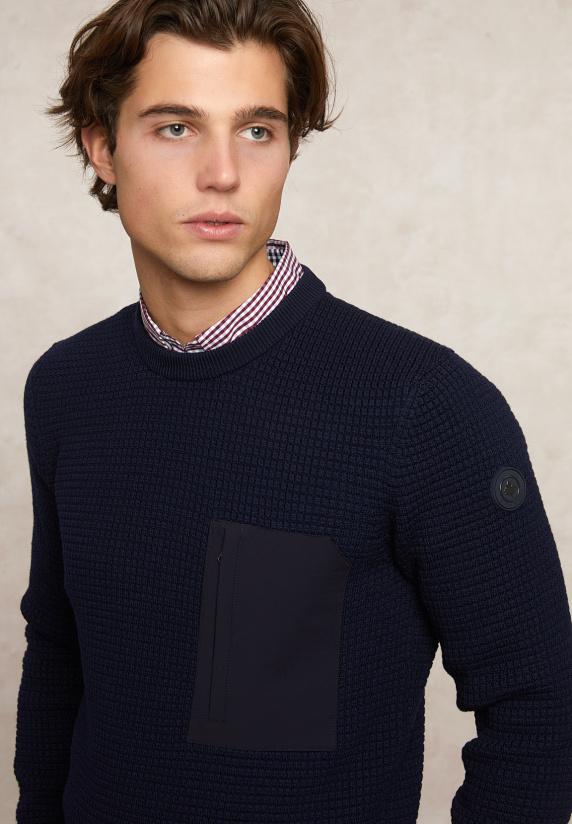 River Woods Custom Fit Wafelgebreide Merinotrui Ronde Hals Navy