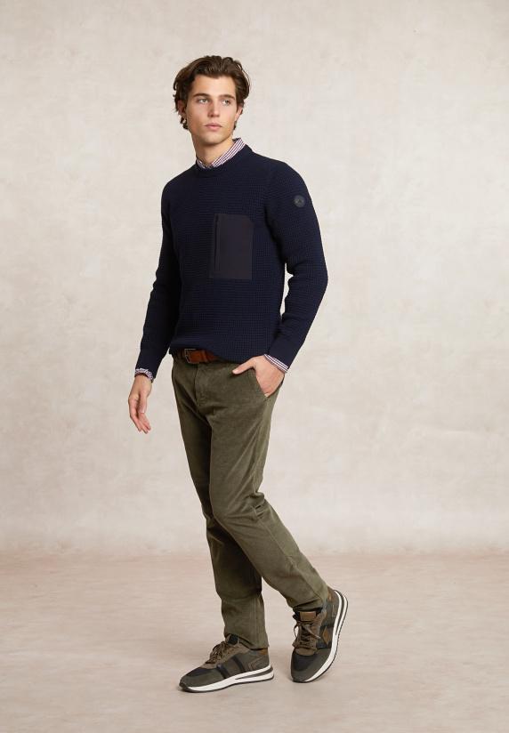 River Woods Custom Fit Wafelgebreide Merinotrui Ronde Hals Navy