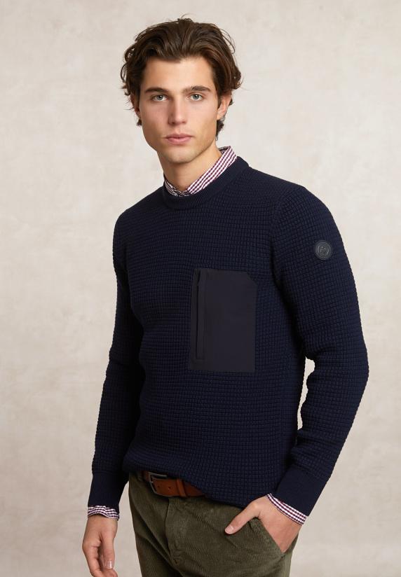river woods Custom fit wafelgebreide merinotrui ronde hals navy