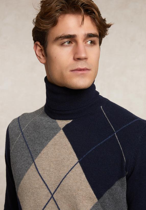 River Woods Custom Fit Wol-kasjmier Argyle Rolkraagtrui Navy