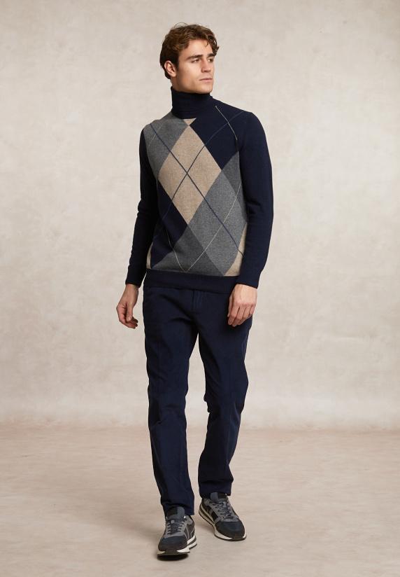 River Woods Custom Fit Wol-kasjmier Argyle Rolkraagtrui Navy
