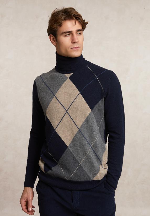 river woods Custom fit wol-kasjmier argyle rolkraagtrui navy